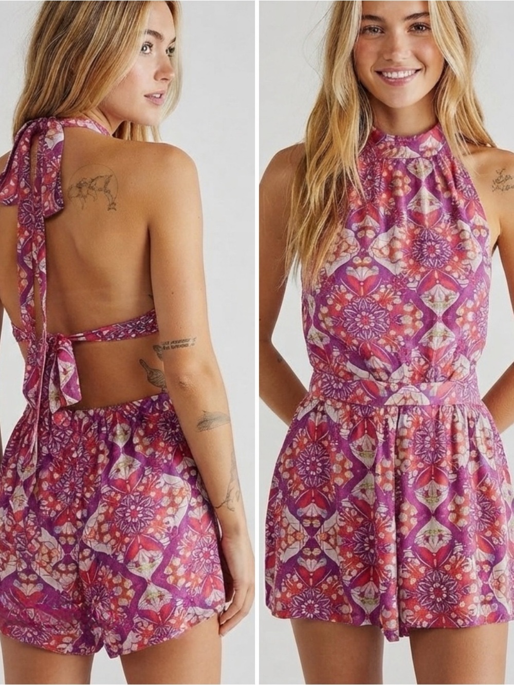 Purple Pink Floral Halter Romper